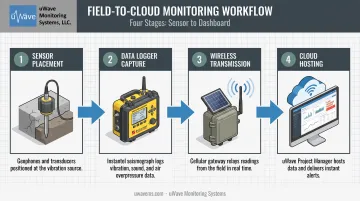 4-step field-to-cloud noise monitoring system process flow diagram