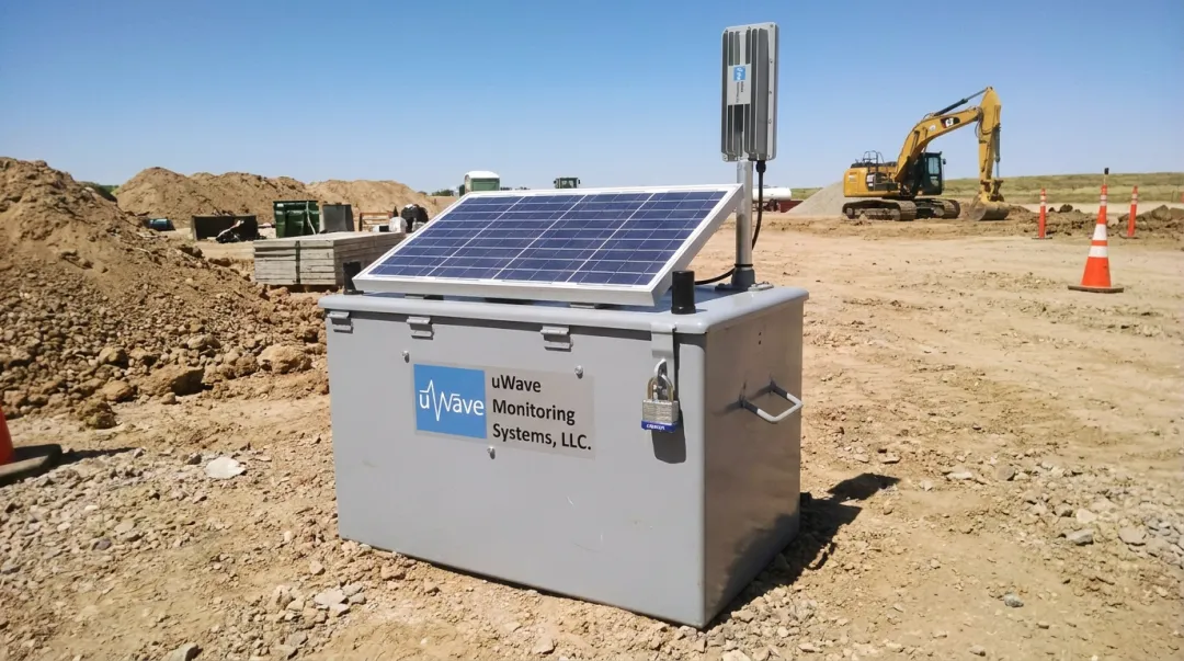 uWave remote vibration monitoring station with solar panel cellular modem and enclosure