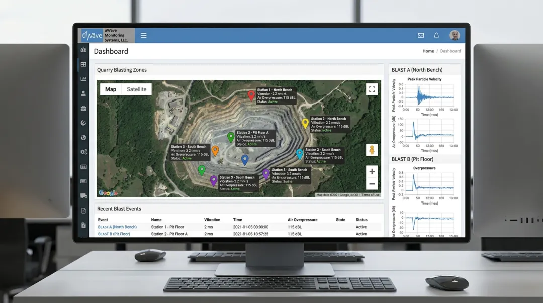 uWave cloud-based seismograph monitoring dashboard across multiple blast zones