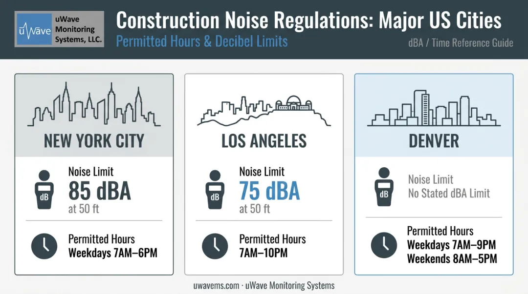Construction noise limits by city comparing NYC Los Angeles and Denver regulations
