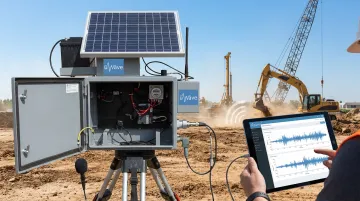 uWave remote monitoring enclosure with solar panel transmitting construction noise data to cloud platform