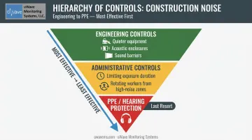 Hierarchy of noise controls pyramid showing engineering administrative and PPE control levels