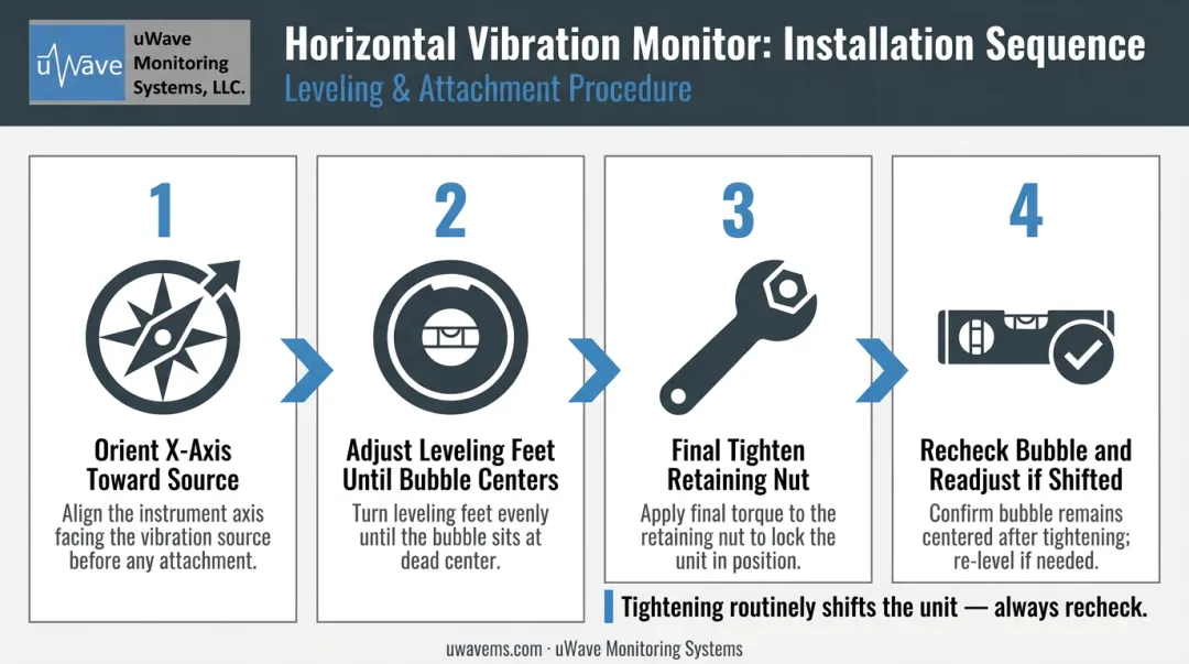4-step vibration monitor leveling sequence process flow with bubble level icons
