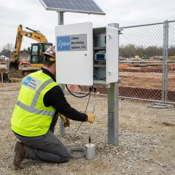 Technician setting up construction monitoring equipment