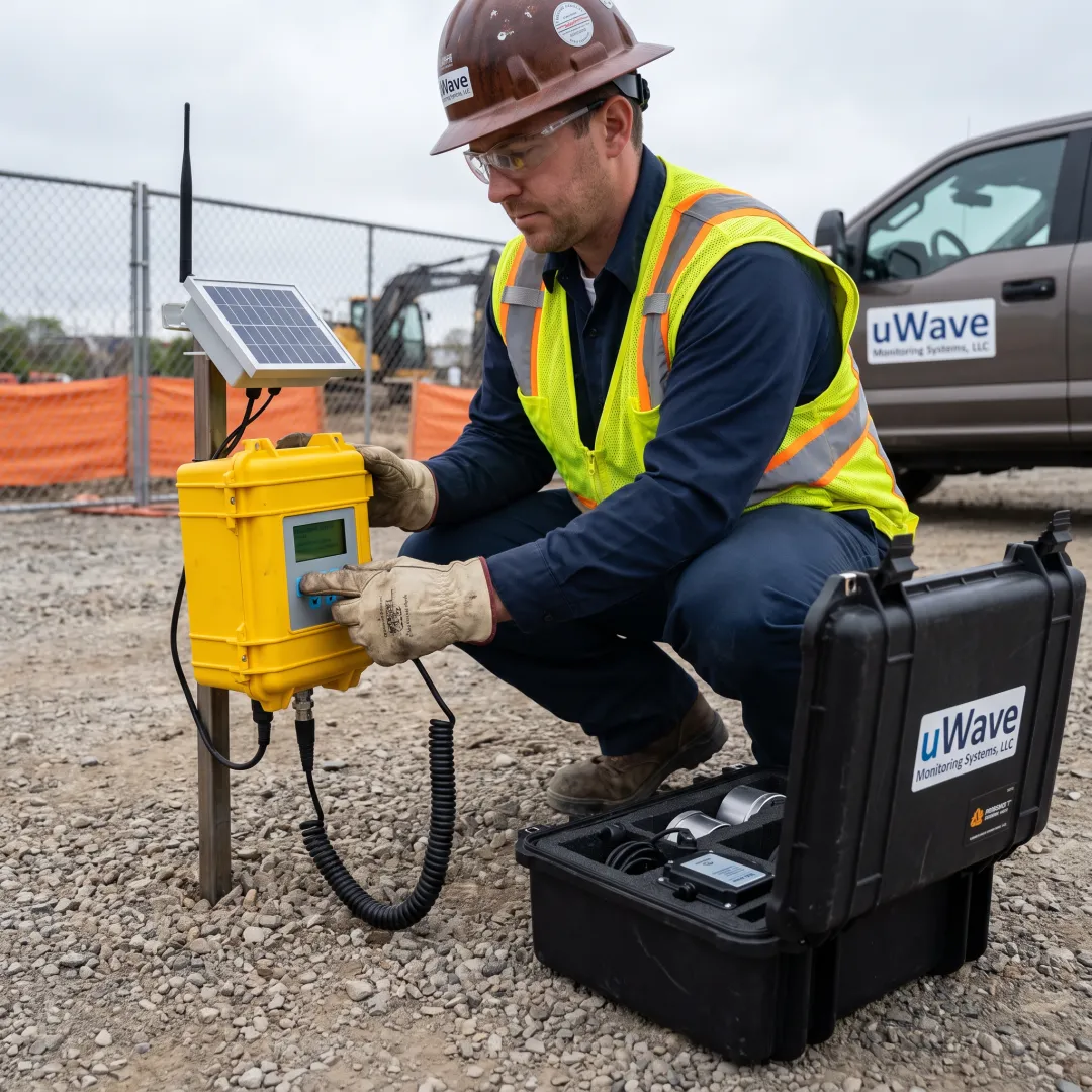 Technician configuring a remote vibration monitoring system