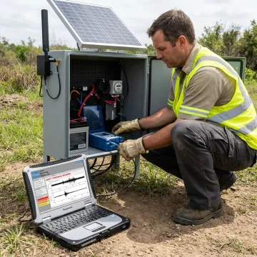 Technician configuring remote monitoring equipment