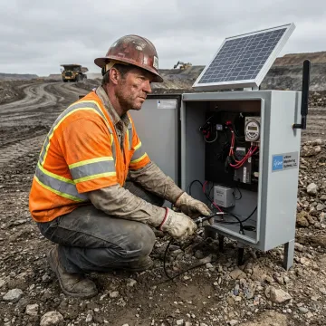 Technician configuring remote vibration monitoring equipment