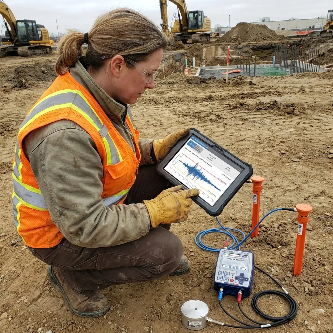Technician reviewing remote vibration monitoring dashboard