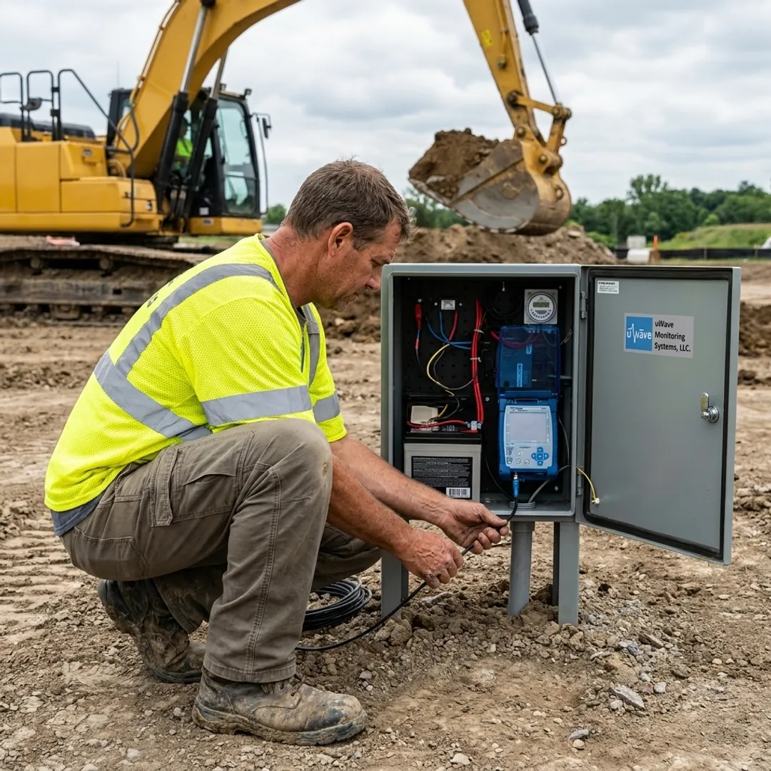 Technician configuring vibration monitoring equipment