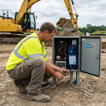 Technician configuring vibration monitoring equipment