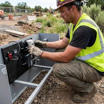 Technician configuring remote seismic monitoring equipment