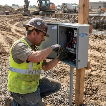 Technician configuring remote construction monitoring equipment