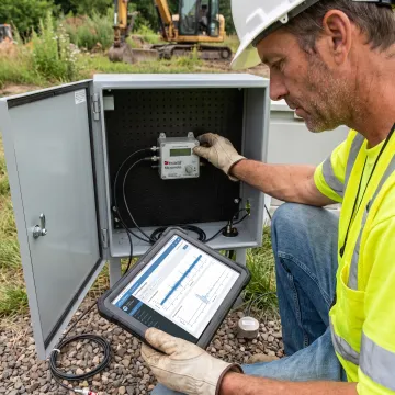 Technician configuring a remote vibration monitoring system