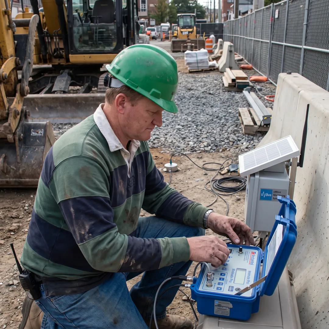 Technician configuring a sound and vibration meter at a construction site