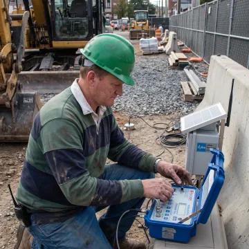 Technician configuring a sound and vibration meter at a construction site