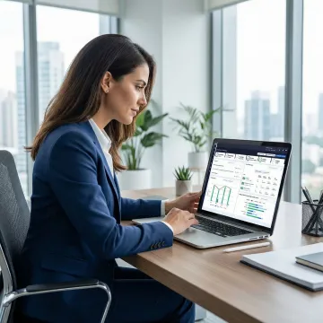 Compliance professional reviewing EHS regulatory reports on a laptop using compliance management software