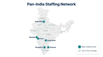 India map showing major metro and tier-two city staffing office locations and coverage