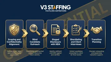 Five-step confidential executive search process from scoping to transition planning flow diagram