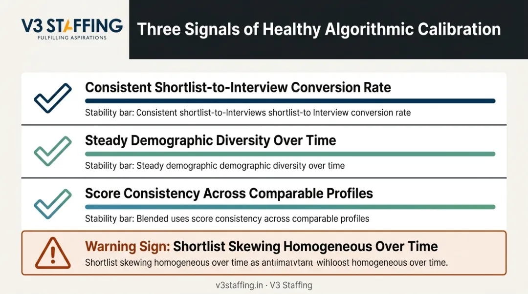 Three signals of healthy shortlist calibration in recruiting algorithms