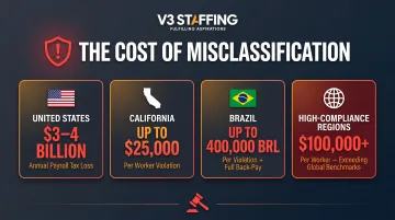 Worker misclassification penalty comparison across United States California Brazil and global regions