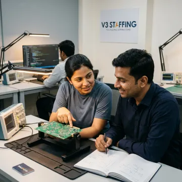 Firmware engineers reviewing embedded hardware and code
