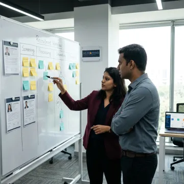 Staffing process meeting with recruitment dashboards