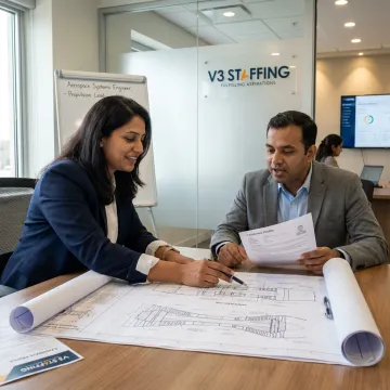 Aerospace engineers reviewing aircraft blueprints