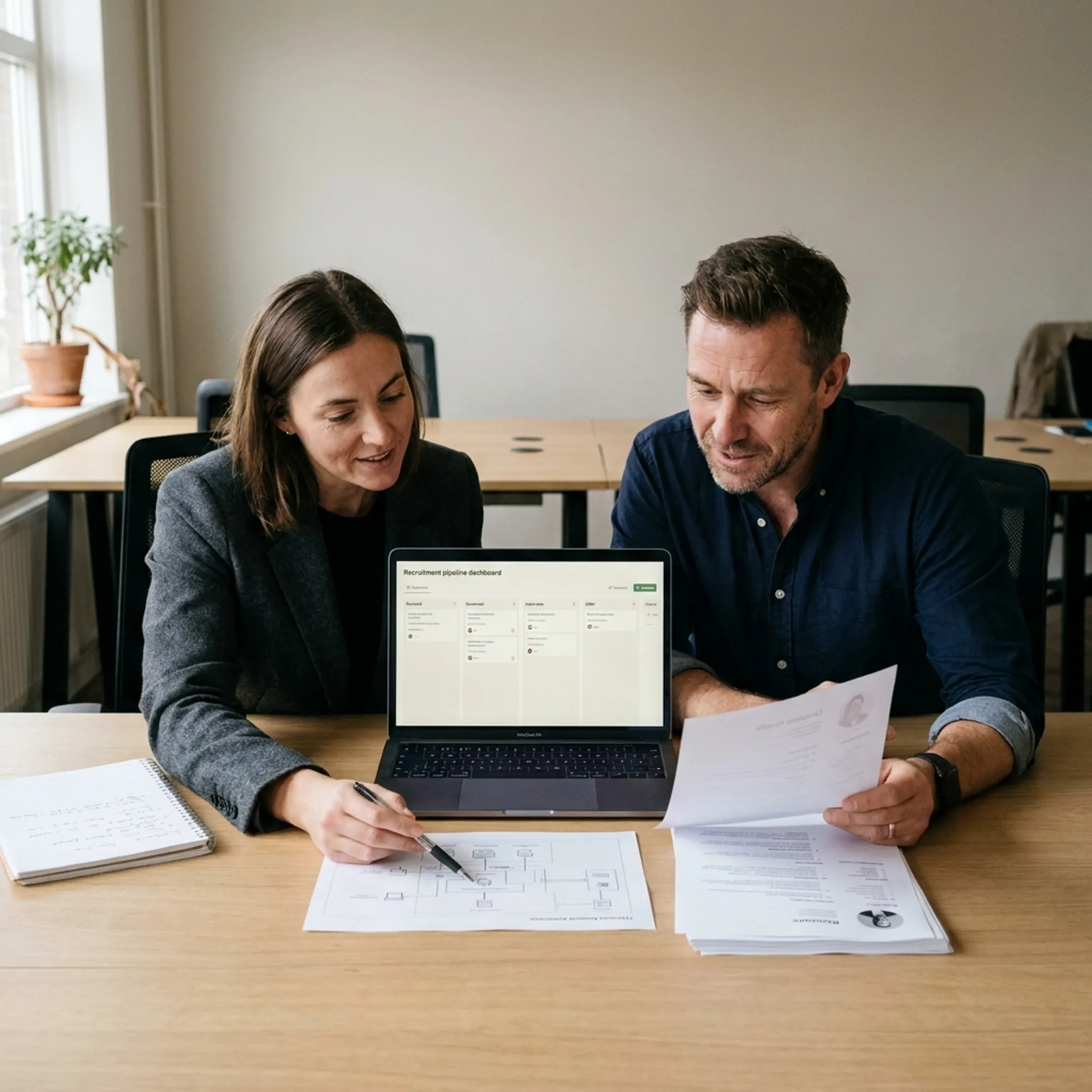 Recruitment professionals reviewing cybersecurity candidates in a modern office