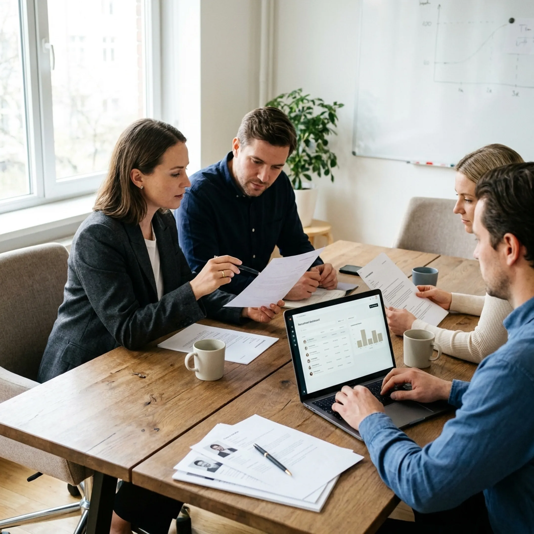 Recruitment consultants reviewing ERP talent profiles with a hiring team