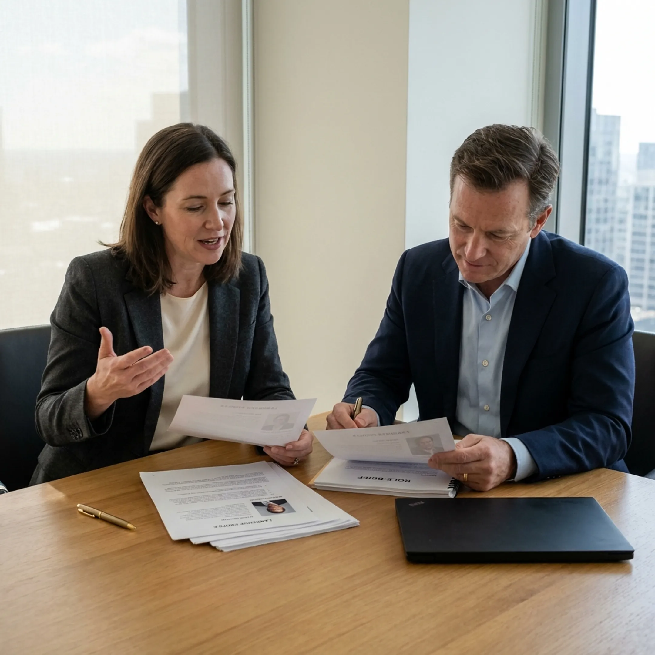 Executive recruiter consulting with a senior finance candidate during a CFO search meeting