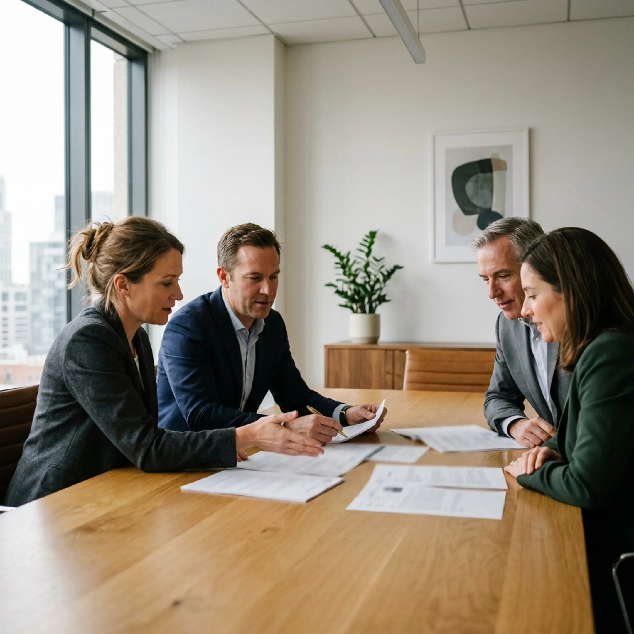 Executive search consultant discussing CIO candidates with business leaders in a professional meeting