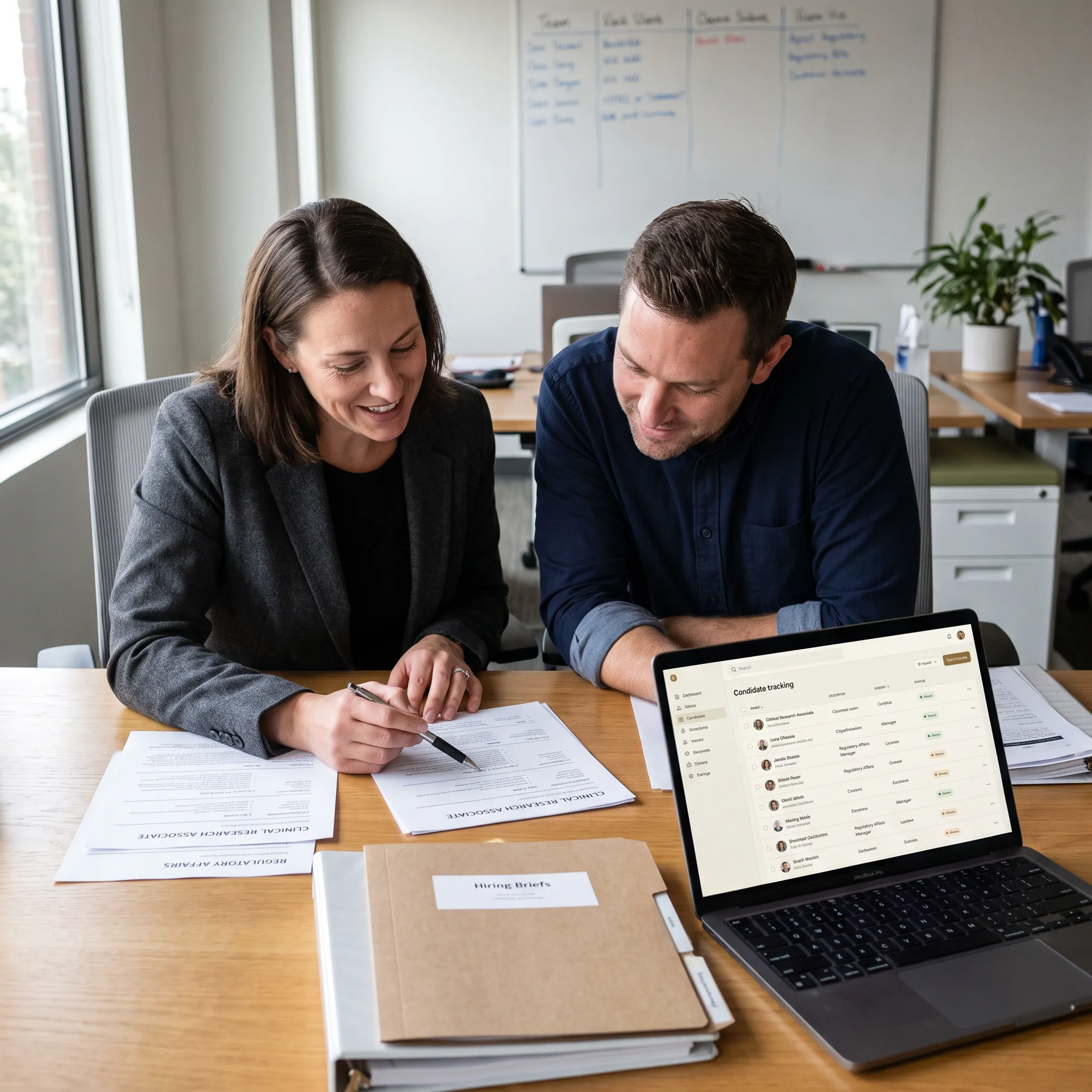 Recruitment team reviewing life sciences candidate profiles with pharmaceutical and clinical research professionals