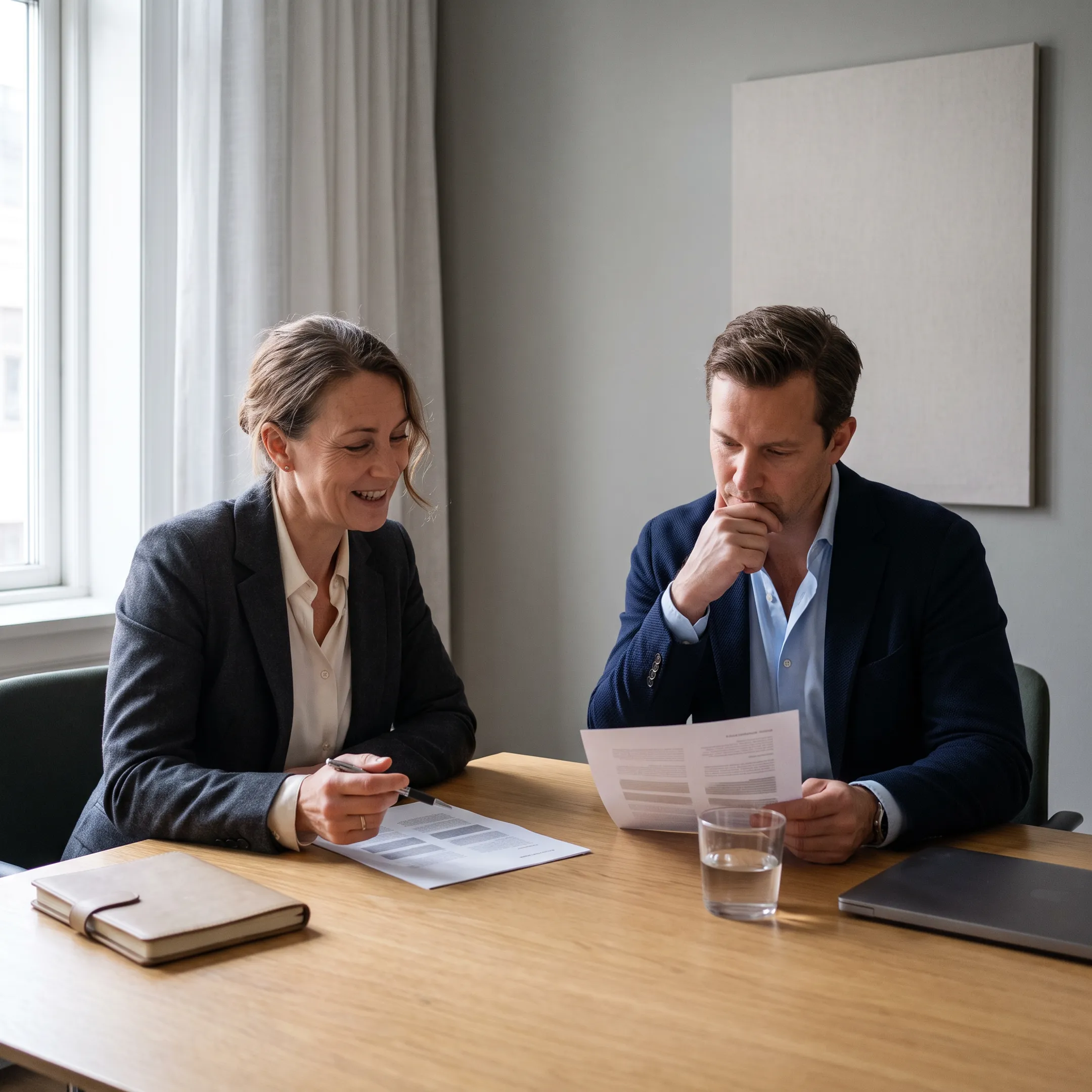 Recruiter discussing finance candidates with a hiring manager in a modern office