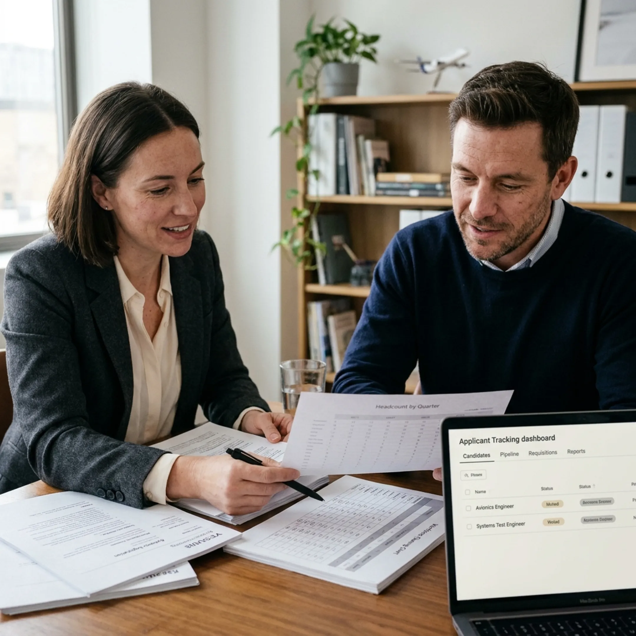 Recruitment professionals reviewing defense engineering candidate profiles in a modern office