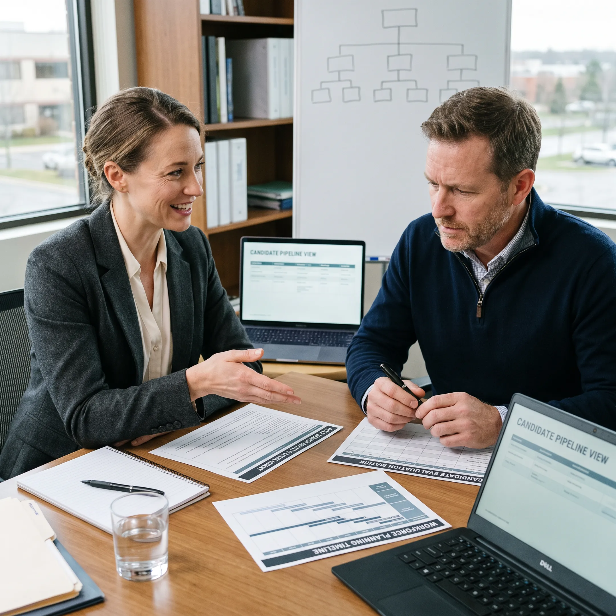 Staffing consultant discussing defense workforce requirements with a hiring manager