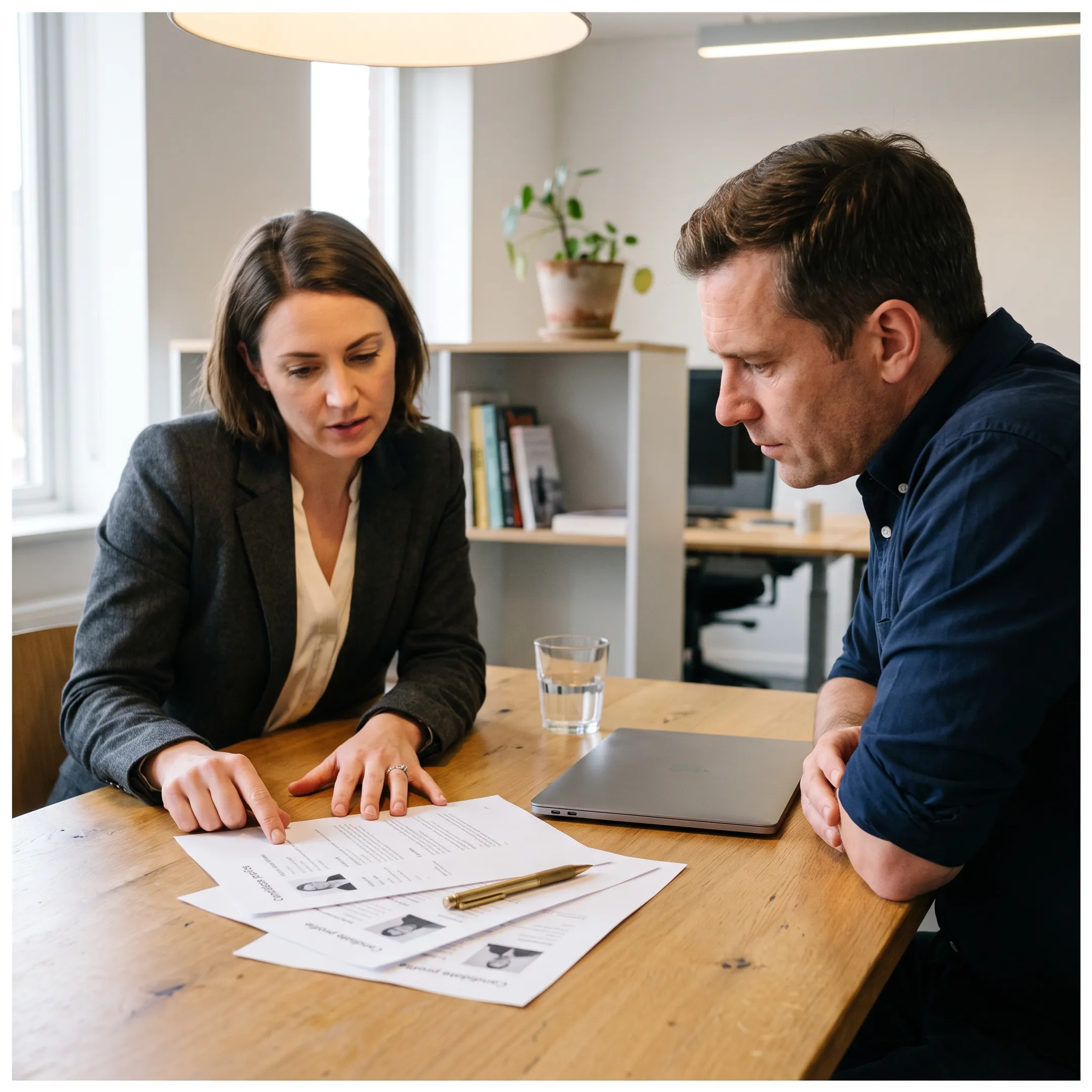 Finance staffing consultant discussing candidate options with a hiring manager