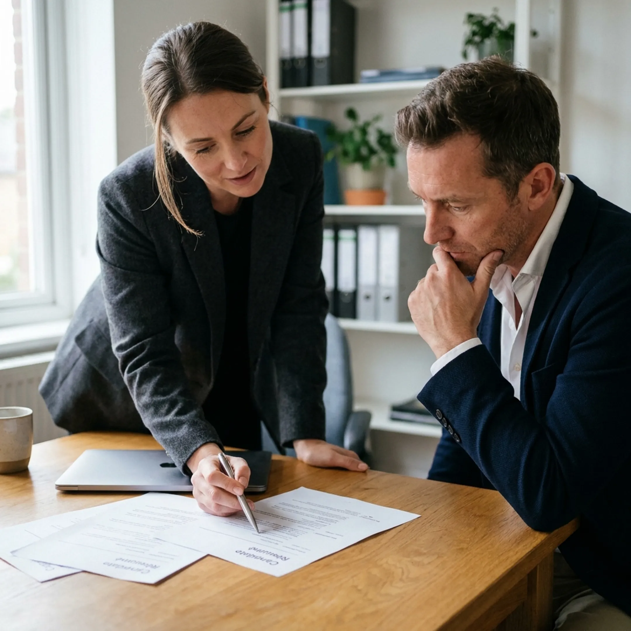 Finance recruitment consultant reviewing candidate qualifications