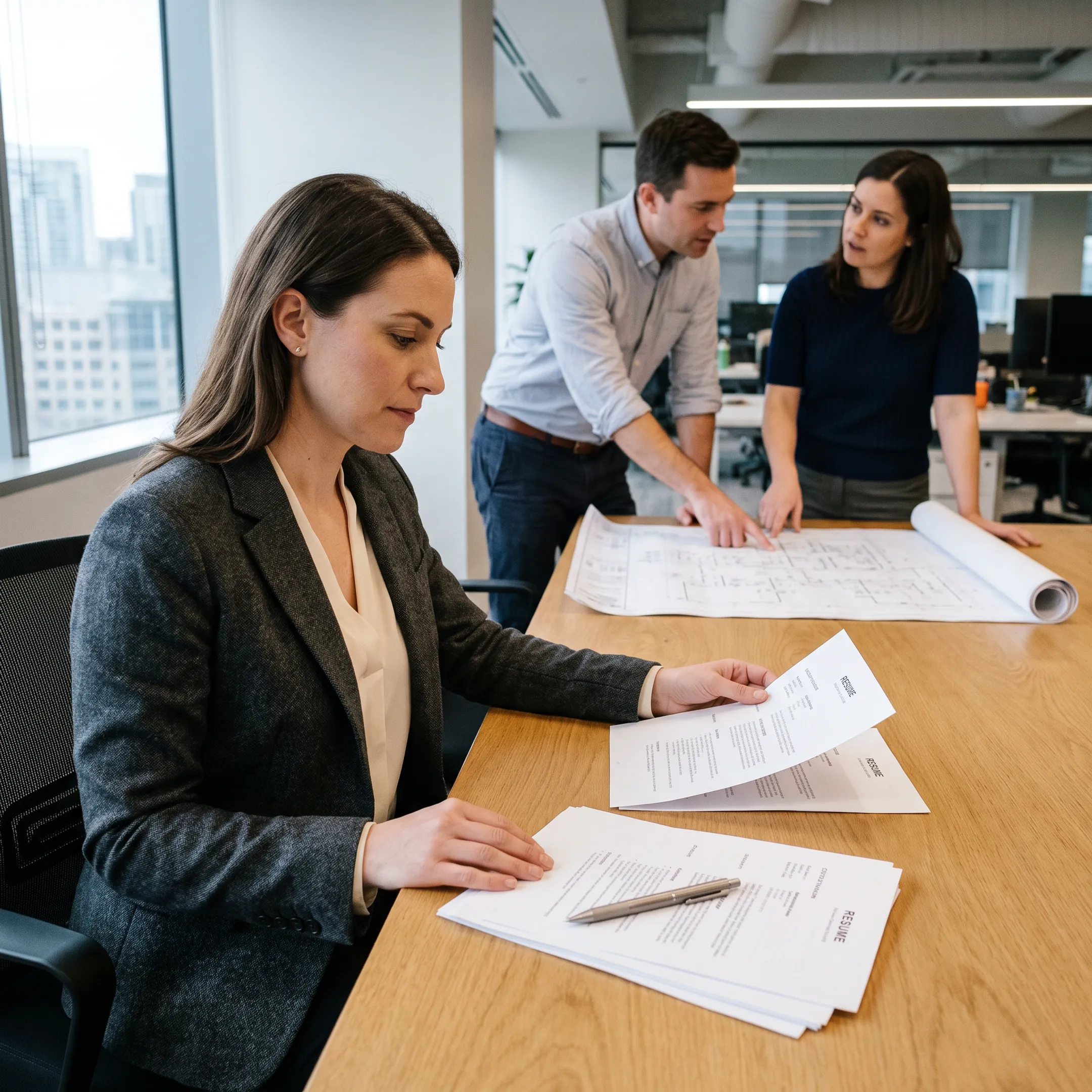 Recruiter reviewing electrical design engineer resumes with an engineering hiring team