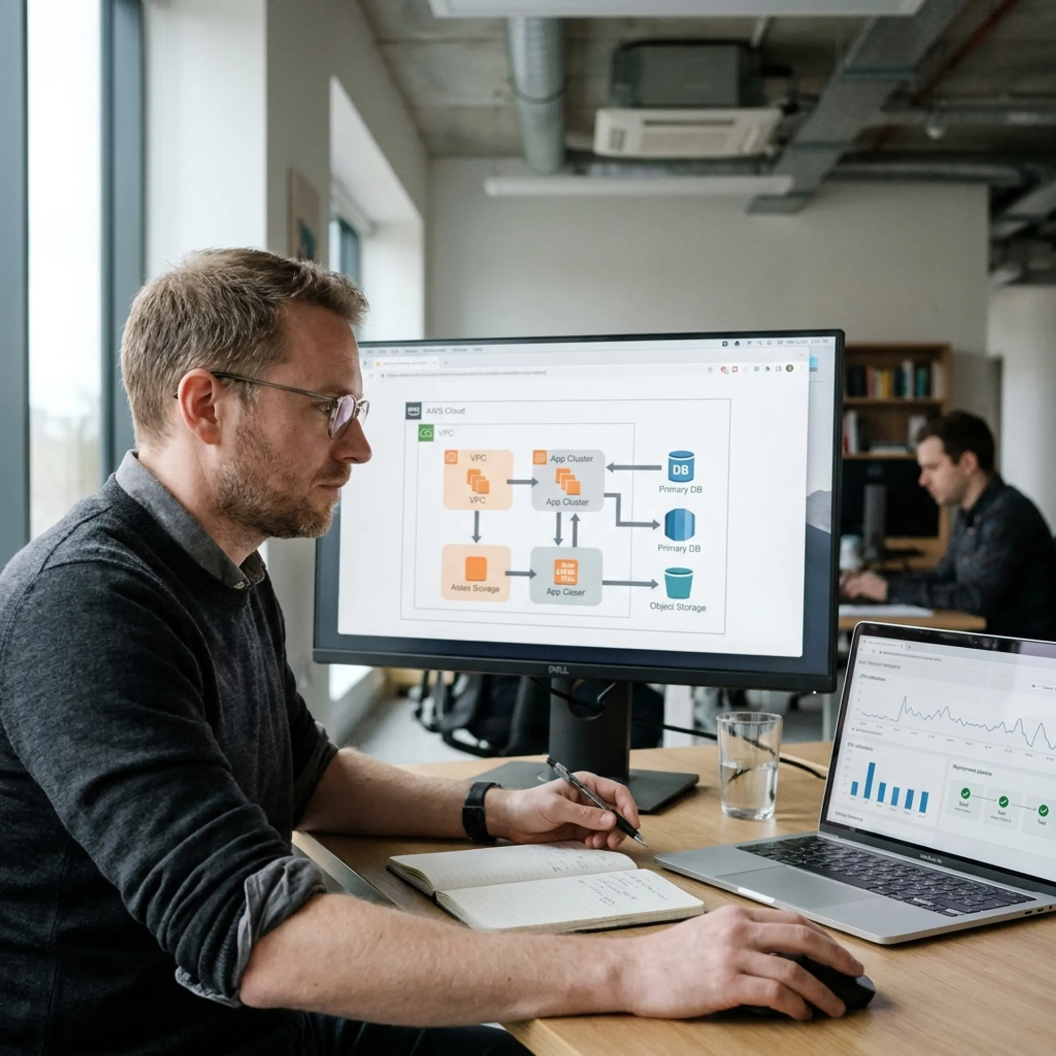 Cloud engineer reviewing AWS architecture on multiple monitors