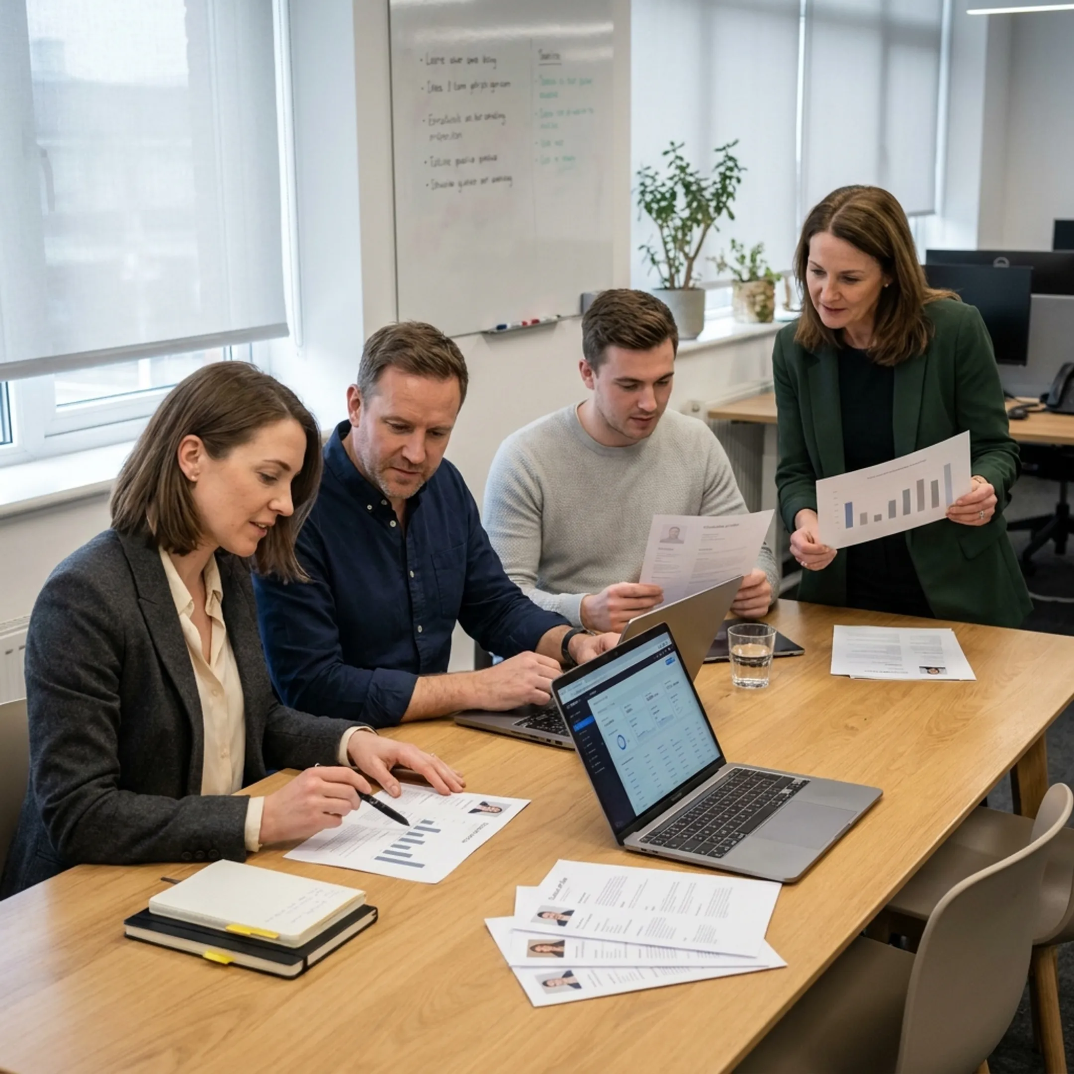 Recruitment specialists reviewing data analytics candidate profiles with business hiring managers