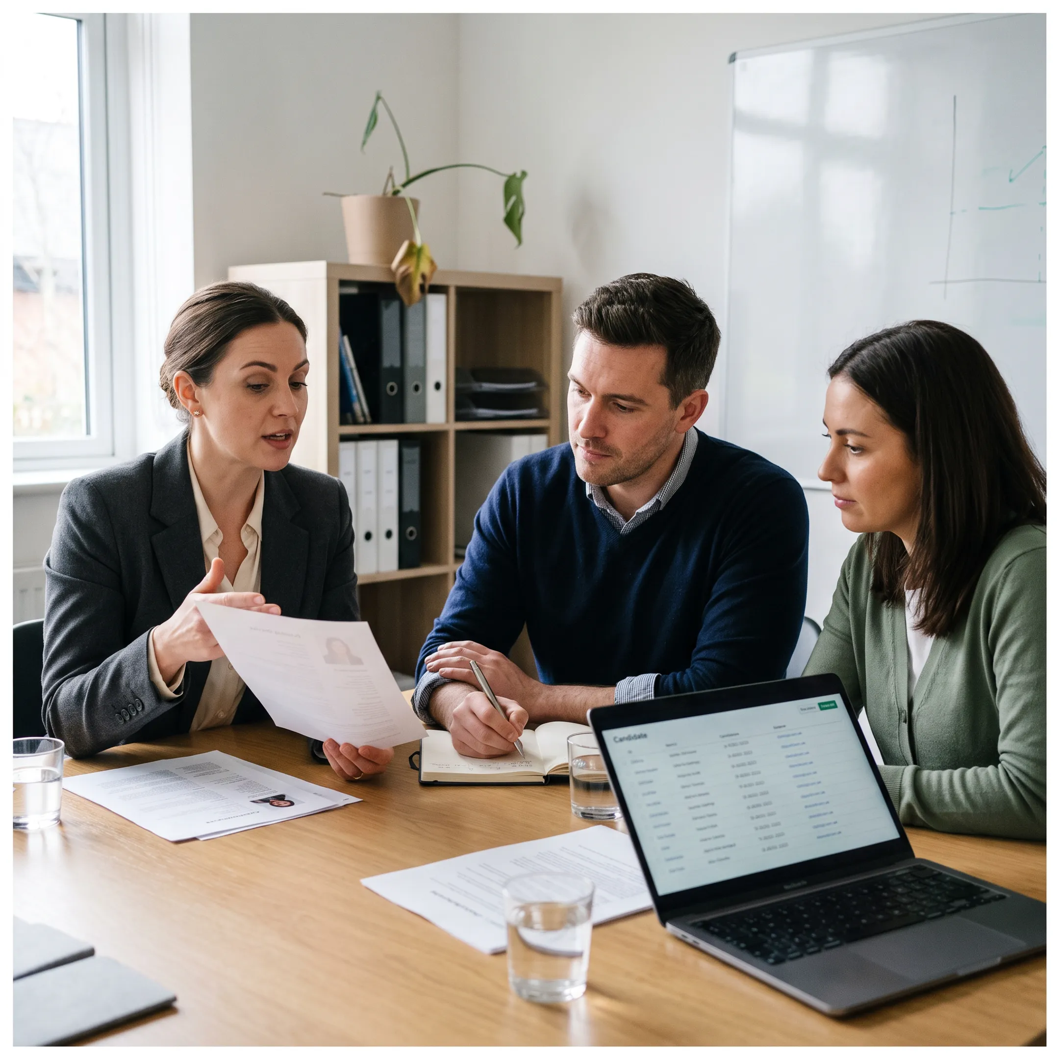 Recruiting team reviewing supply chain candidate profiles in a modern office