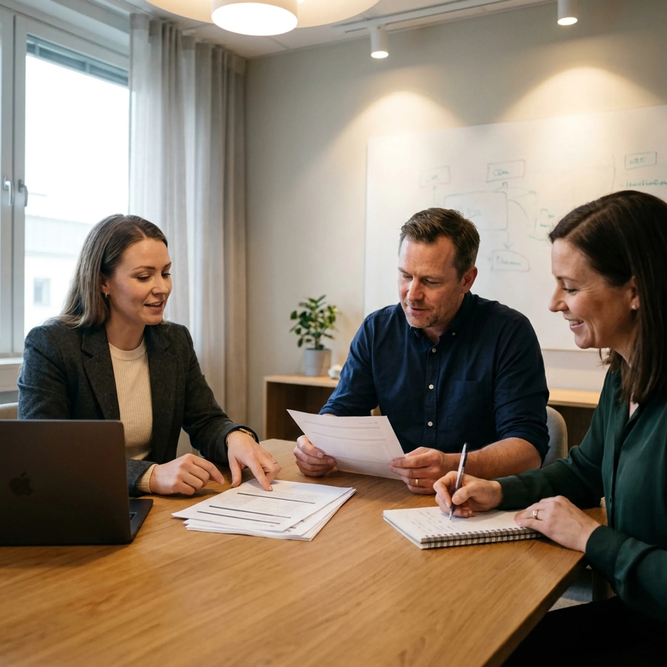 Hiring managers discussing machine learning recruitment requirements with a staffing consultant