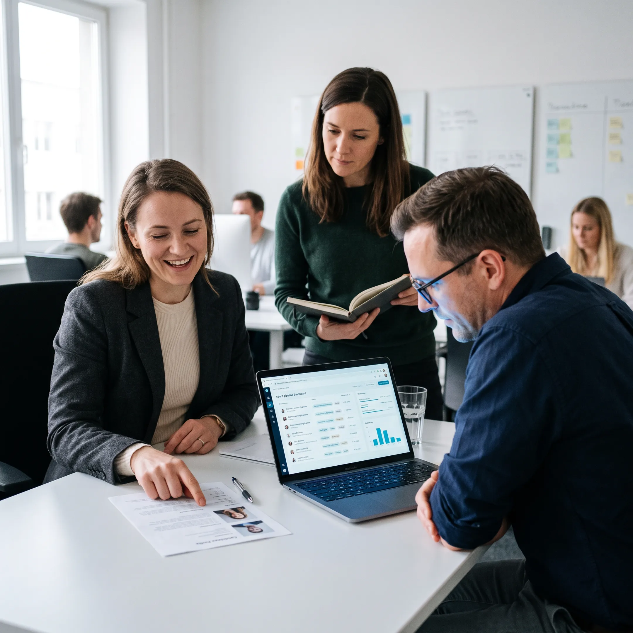 Recruiter reviewing AI and machine learning candidate profiles with a technology hiring team