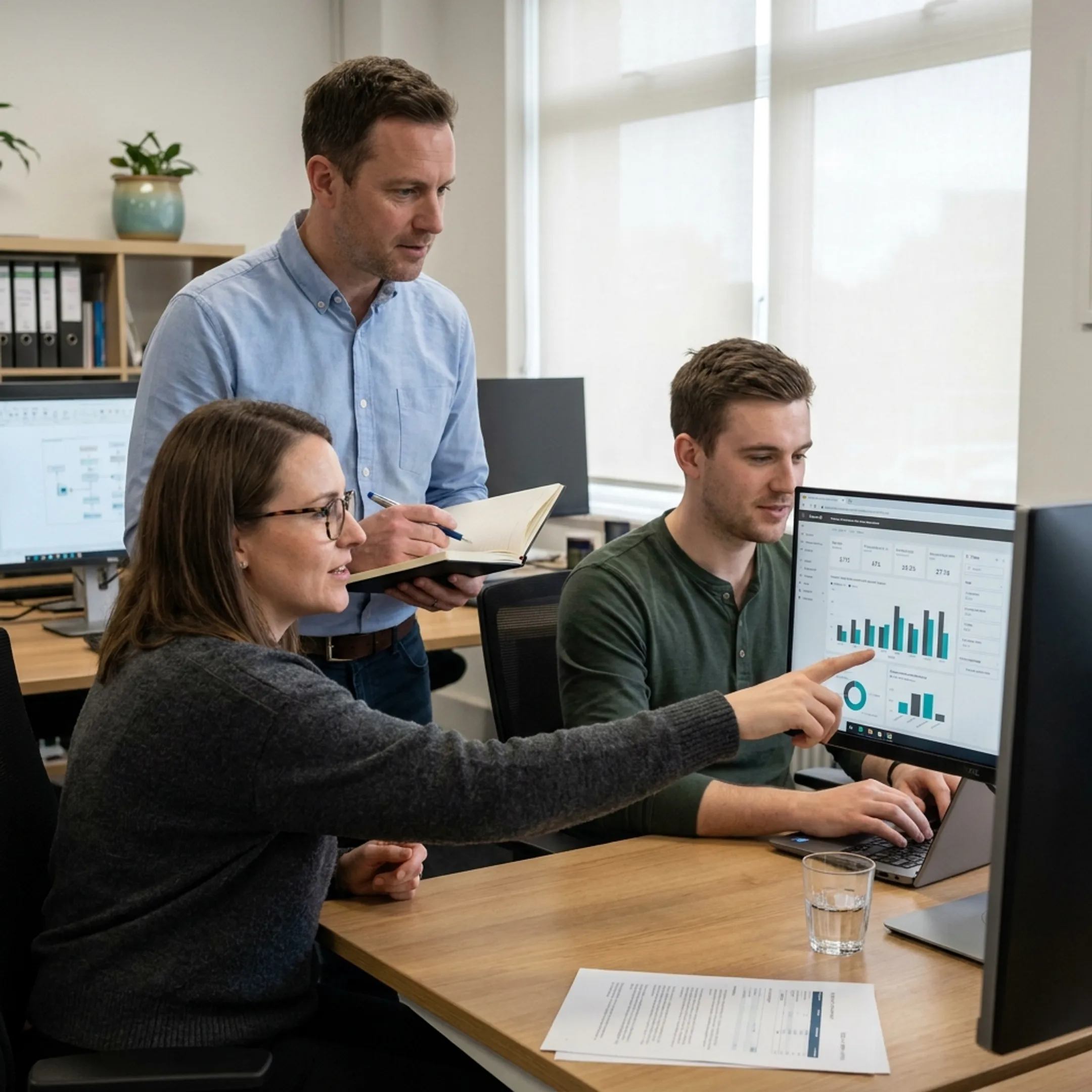 Power BI developers collaborating around business intelligence dashboards