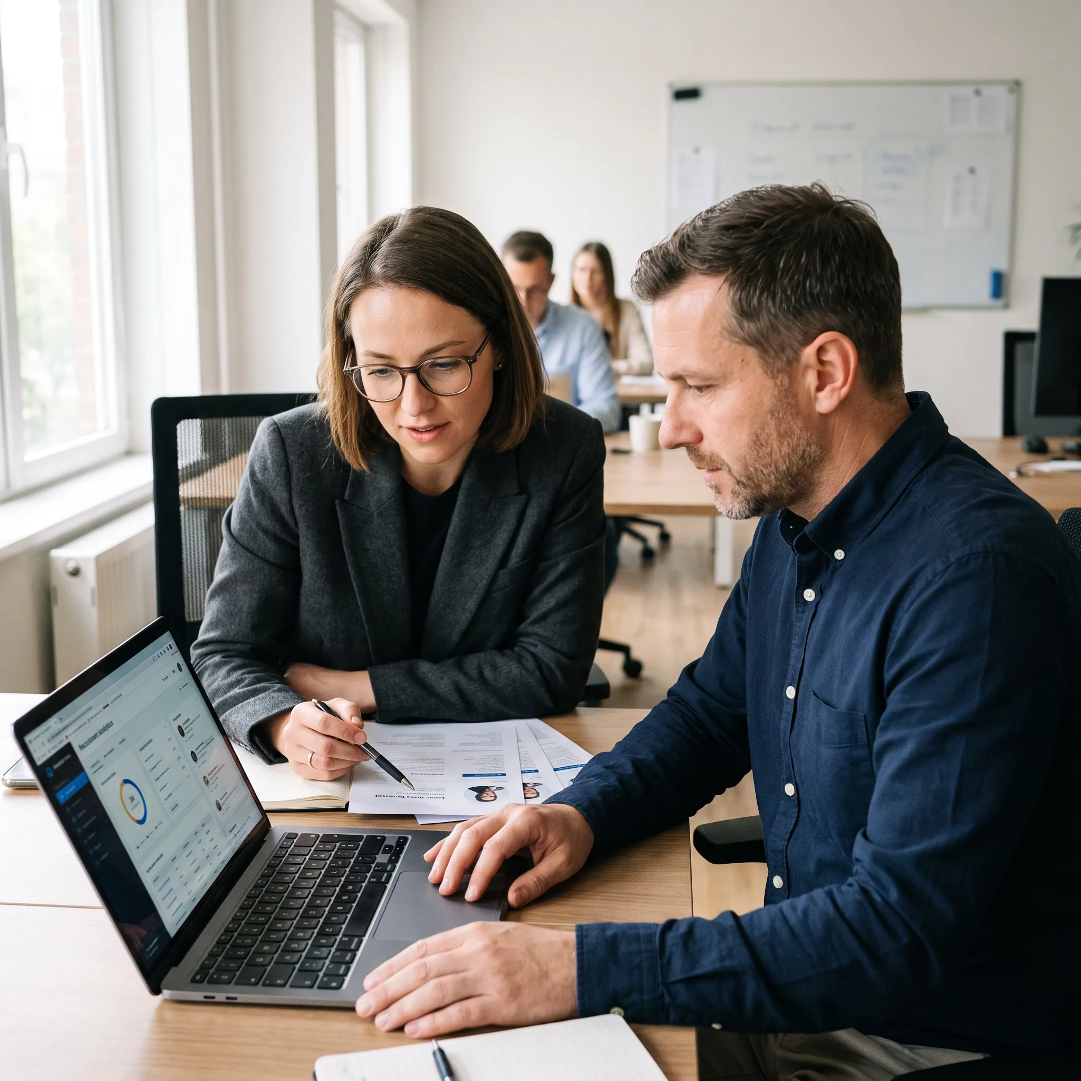 Recruitment specialists reviewing data science candidate profiles in a modern office