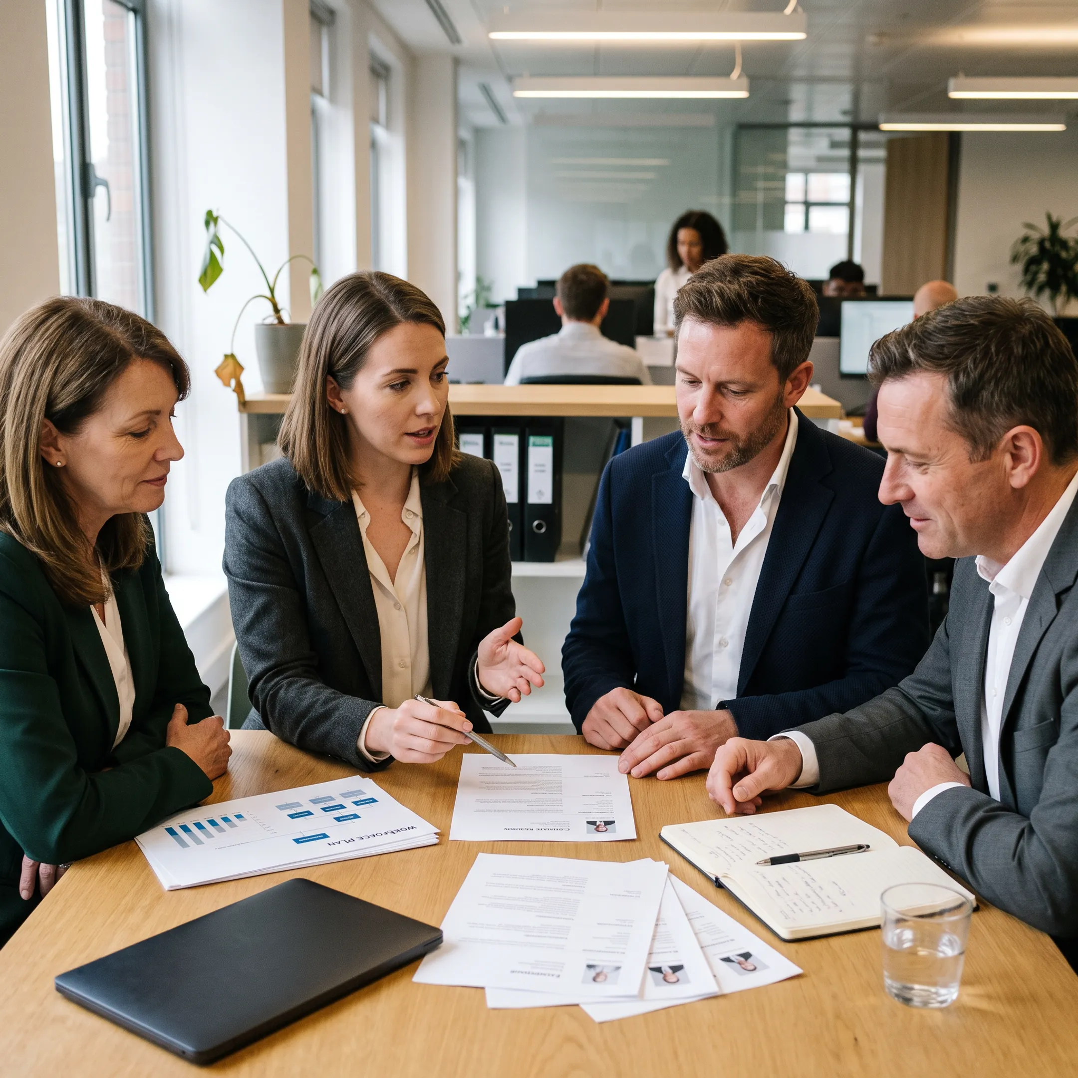 Recruitment team reviewing procurement candidates with business leaders
