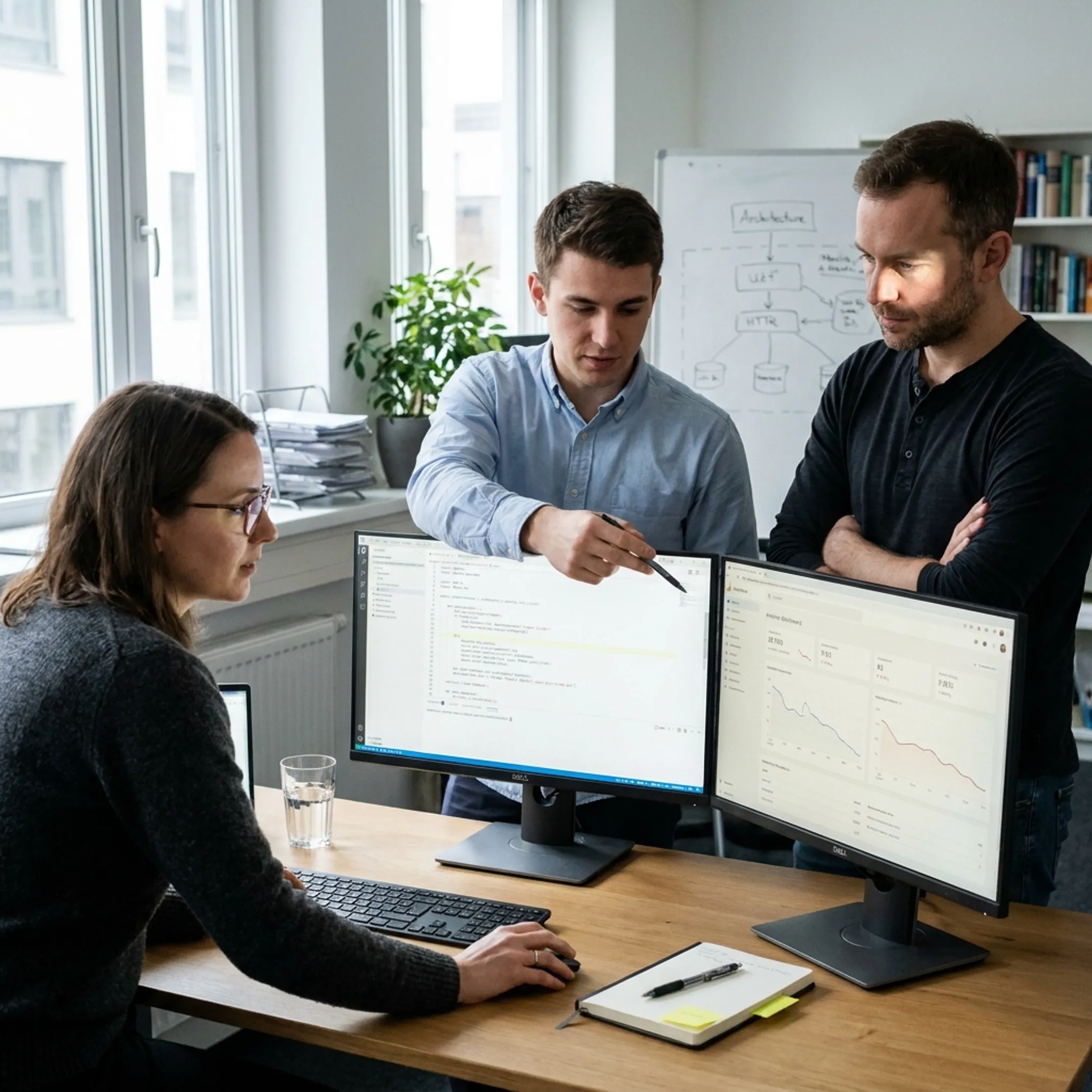 AI developers collaborating on a custom software solution