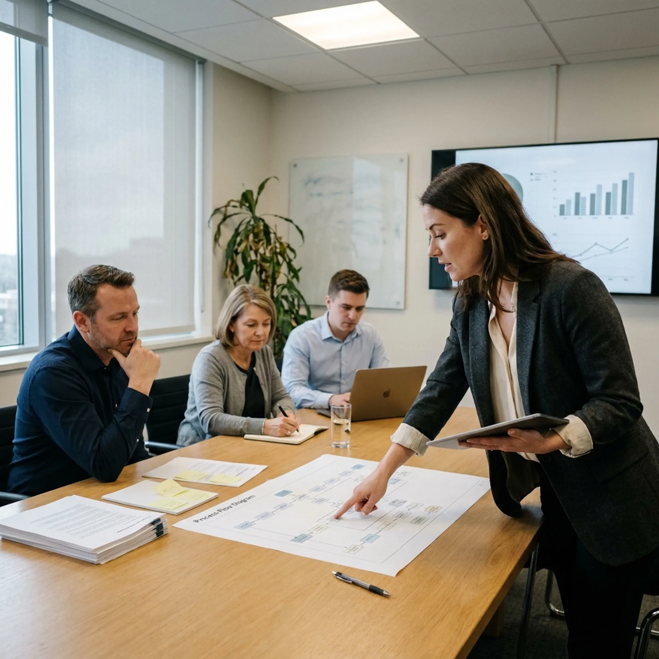 Business analyst presenting a process improvement plan to business stakeholders