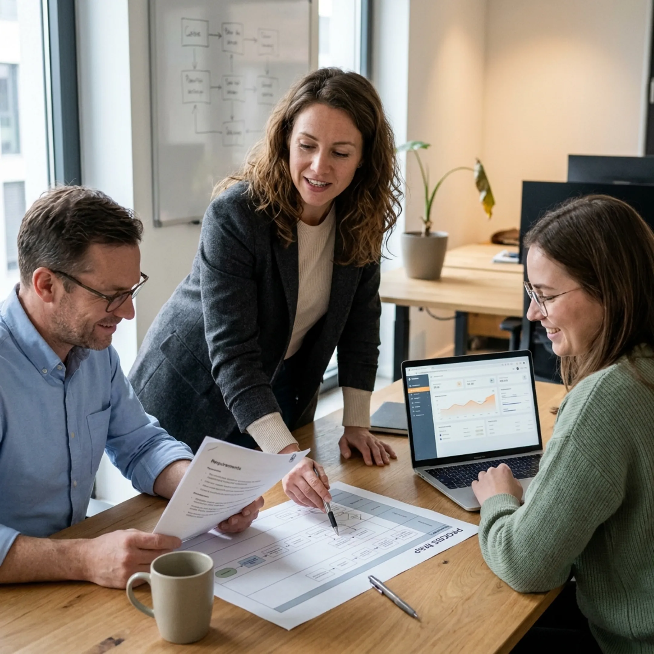 Business analyst reviewing dashboards and requirements with a team in a modern office