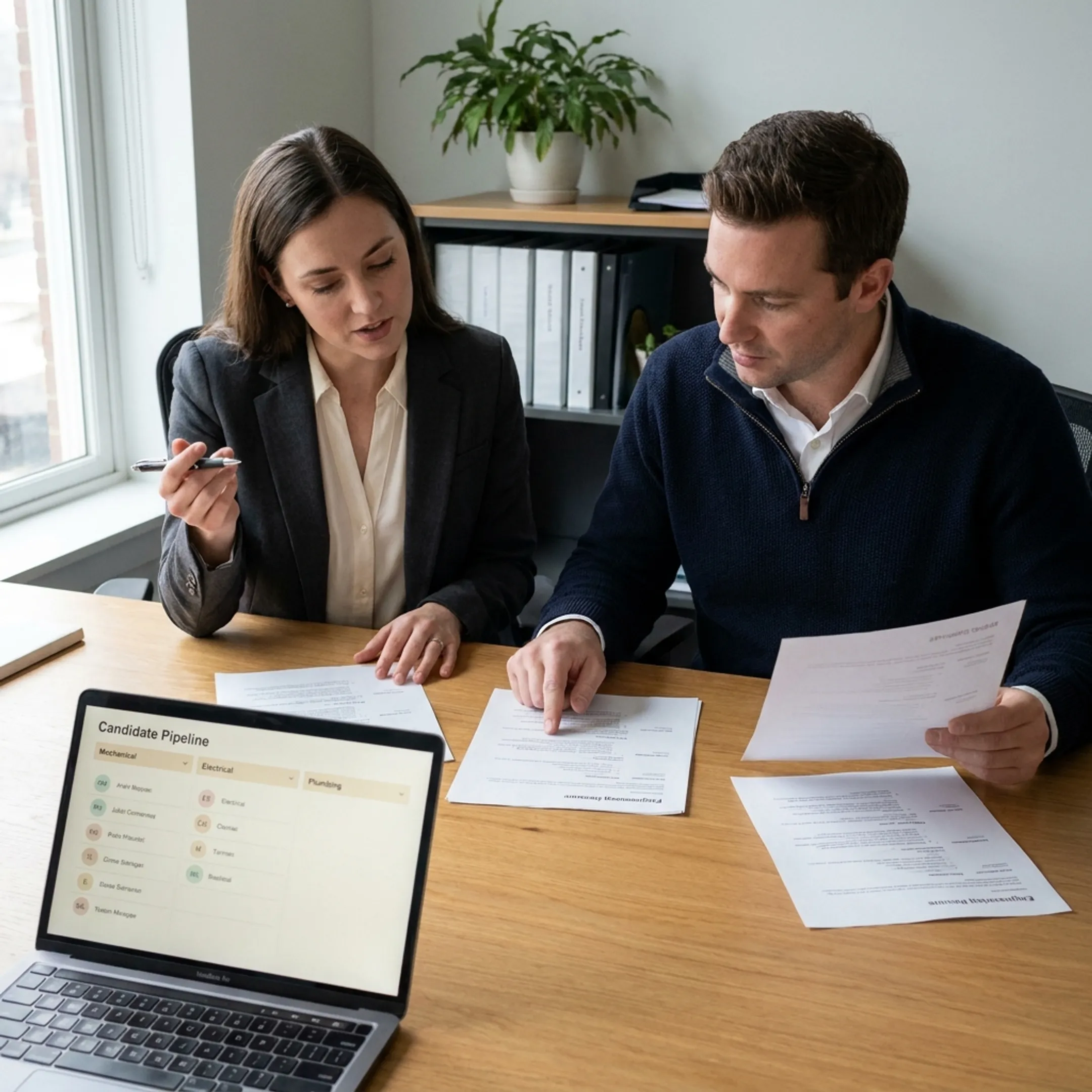 Recruitment specialists evaluating engineering talent for an MEP staffing requirement
